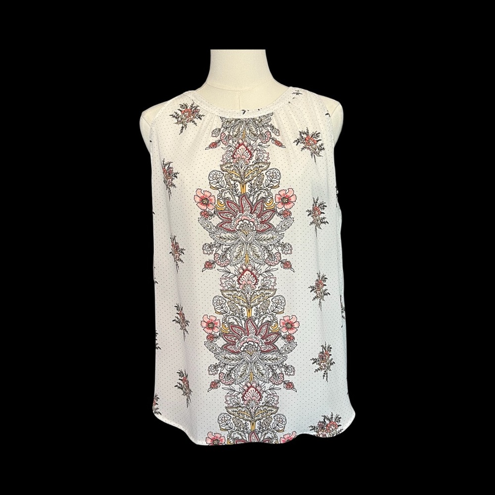 🤍🌸 EUC LOFT Ivory Floral & Polka Dot Shirred Sleeveless Blouse | Sz M